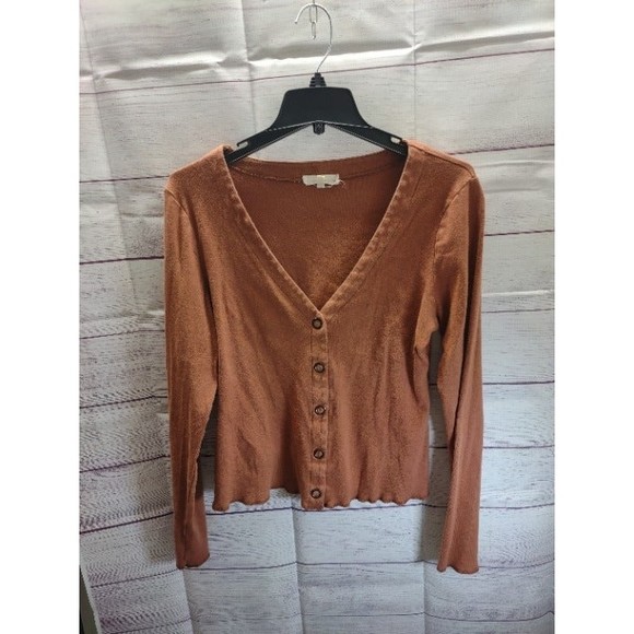 Gilded Intent Burnt Orange V-Neck Button Front Cardigan, 100% Cotton, Size Large - Picture 1 of 6